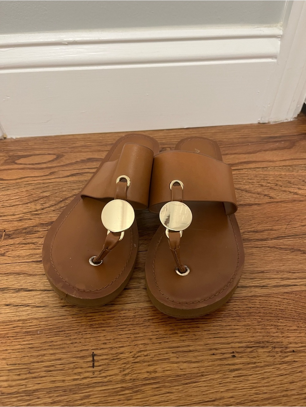 Aldo Tan Leather Slide Sandals with Gold Disc Accent
